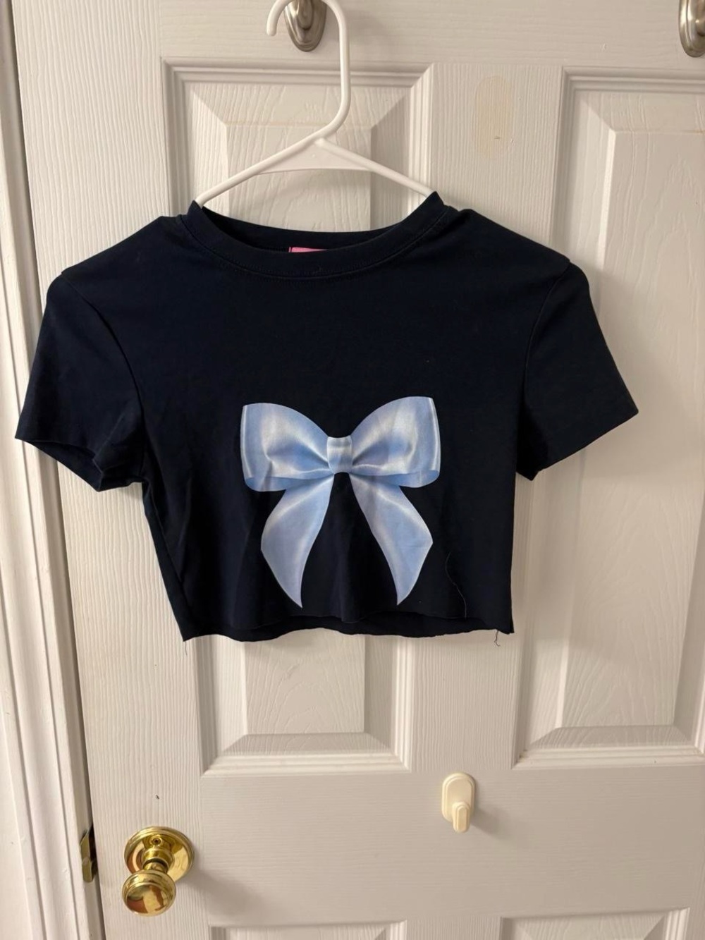 Edikted Navy Crop Tee with Light Blue Bow Graphic